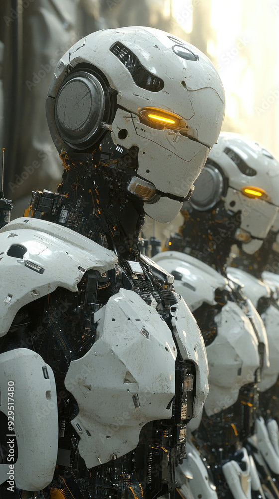 Poster three robots with yellow eyes stand in a line. the robots are white and have a metallic appearance. 
