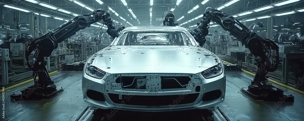 Poster a silver car is being built in a factory with robotic arms. the car is in the middle of the assembly