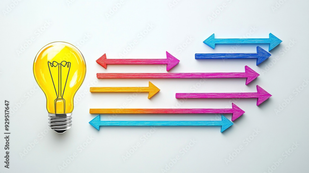 Poster a light bulb is surrounded by a row of arrows pointing in different directions. concept of creativit