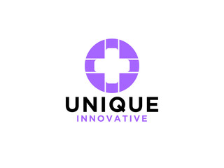 Medical Logo Healthcare Symbol. White Cross Sign Negative Space with Circle Origami isolated on White Background.