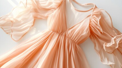 A soft, peach-colored dress with flowing sleeves, perfect for elegant occasions.