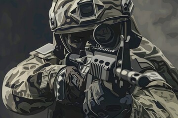 A portrait of a soldier holding a gun, suitable for military-themed illustrations and designs