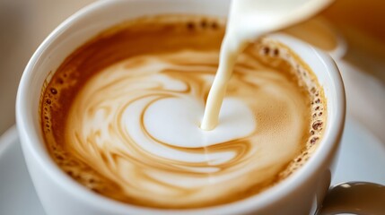 Milk foam pouring into cappuccino cup. Coffee background