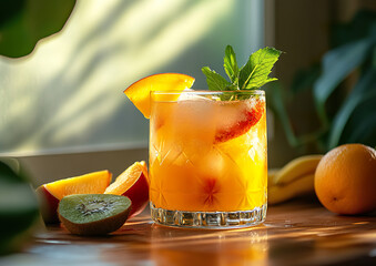 Glass of rum punch garnished with tropical fruits, vibrant and colorful presentation in a high-angle view composition, suitable for food and drink photography.  

