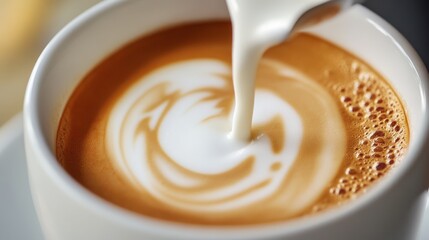 Milk foam pouring into cappuccino cup. Coffee background