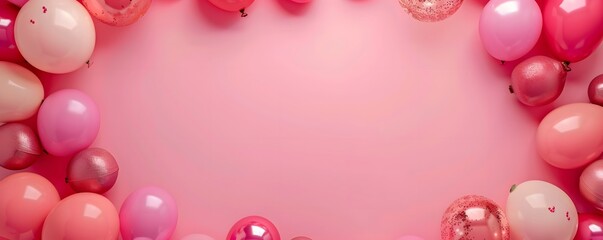 Pink and Rose Gold Balloons Frame Empty Pink Background