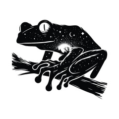 silhouette of tree frog, filled with nature night view in rough drawing, animal,