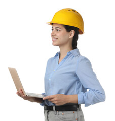 Engineer in hard hat with laptop on white background
