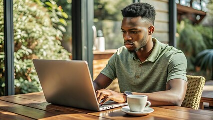 Man working on laptop in outdoor cafe.