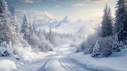 A serene winter landscape featuring snow-covered mountains and trees along a winding path.