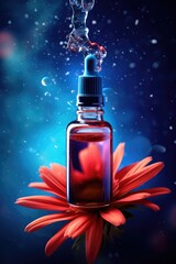 Bottle of moisturizing serum standing in water waves on gradient blue background with red flower. Skincare product, natural cosmetic. Beauty concept for face and body care. Minimal mockup template