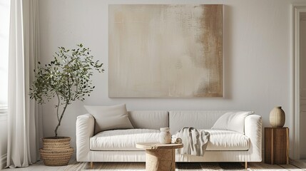 Minimalist Living Room Interior with White Sofa and Abstract Artwork