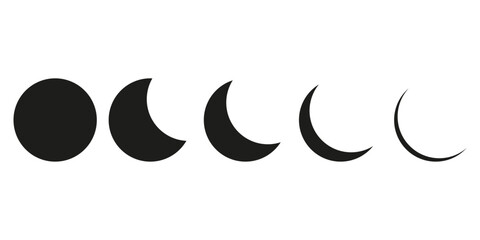 Moon phase icons. Five simple shapes. Black crescent design. Lunar cycle concept.
