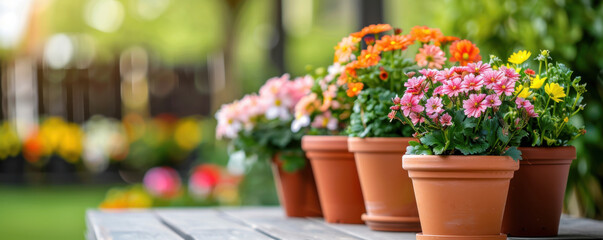Naklejka premium A row of terracotta pots filled with various colorful flowers arranged on a wooden table outdoors in a garden setting.