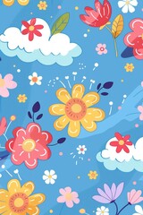 A simple yet beautiful design featuring flowers and clouds on a bright blue background