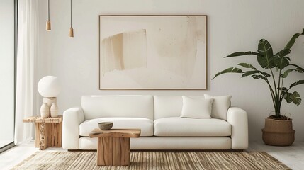 Minimalist Living Room with White Sofa and Abstract Art
