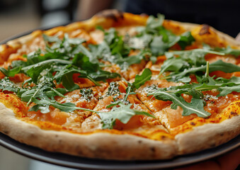 Vegan pizza topped with cashew cheese and fresh arugula, showcased in a high-angle view, vibrant colors enhancing its appetizing appeal, professional food photo composition.  

