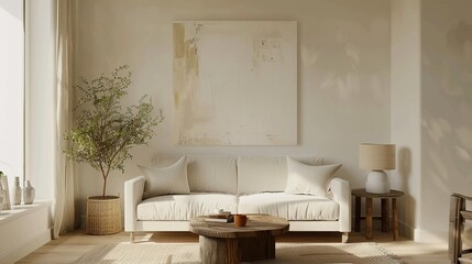 Minimalist Living Room with White Sofa and Natural Elements