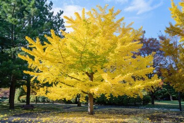 Naklejka premium A group of trees with vibrant yellow leaves, ideal for autumn or fall themed designs