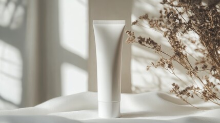 Blank white cosmetic tube in cozy interior