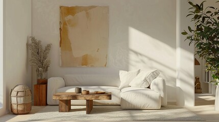 Obraz premium Minimalist Living Room with White Sofa and Natural Elements