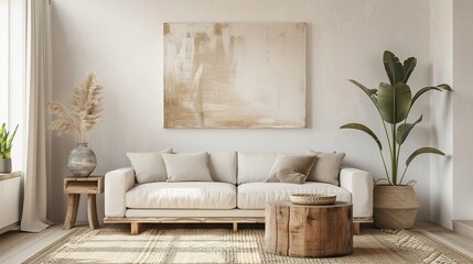 Modern living room with a white couch, a wooden coffee table, and a potted plant