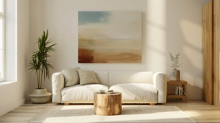 Minimalist Living Room with White Sofa, Wooden Coffee Table, and Abstract Painting