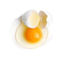 Broken raw egg isolated on white, top view