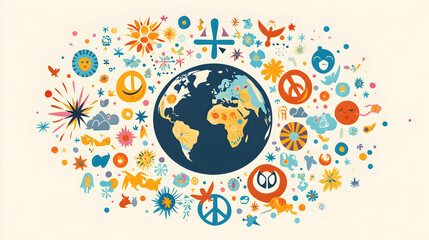 Cultural Unity: A Globe Surrounded by Symbols of Peace, Global Harmony: The Intersection of Cultures and Peace, Peaceful Coexistence: Diverse Symbols Embracing the World