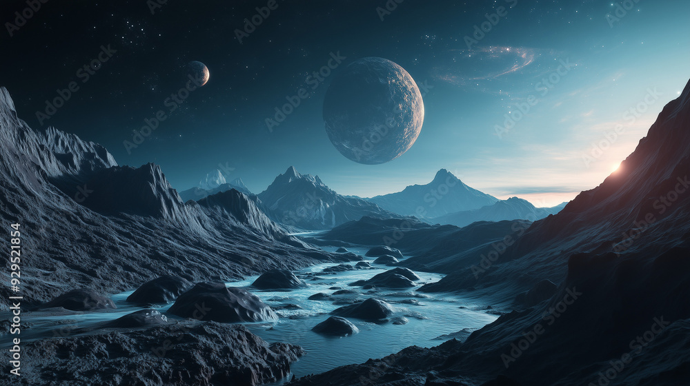 Poster background image presenting an alien planet landscape in the style of sci-fi art, colored in shades 