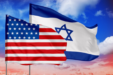Flags of USA and Israel against sky. Diplomatic international relations