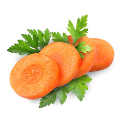 Round carrot slices and parsley isolated on white