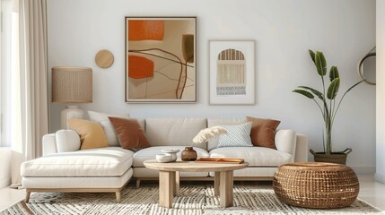 Fototapeta premium Modern Living Room with Beige Sectional Sofa and Natural Decor