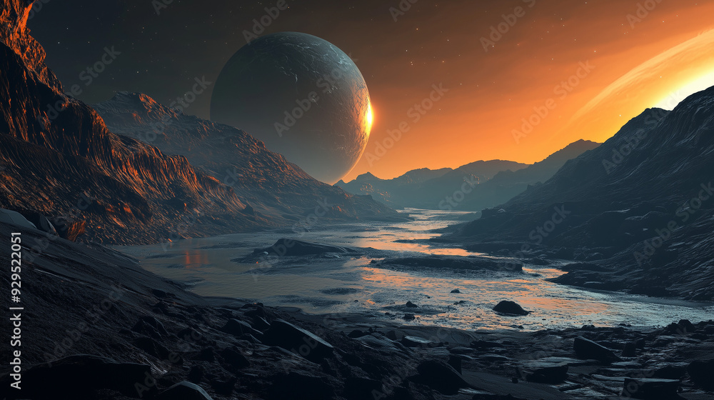 Poster background image presenting an alien planet landscape in the style of sci-fi art, colored in shades 