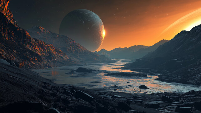 Background image presenting an alien planet landscape in the style of sci-fi art, colored in shades featuring extraterrestrial forms and elements of space exploration, - Powered by Adobe