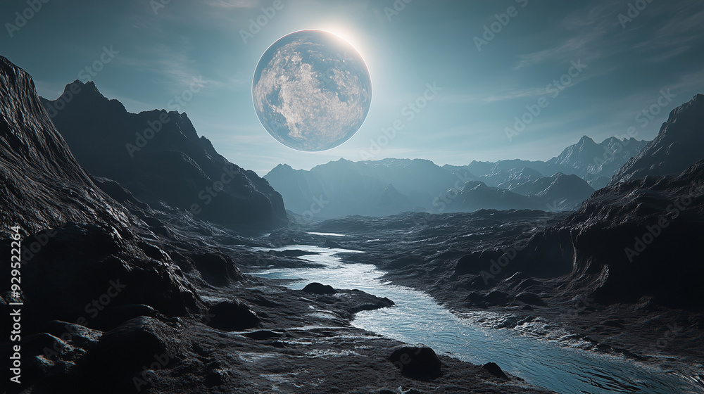 Poster background image presenting an alien planet landscape in the style of sci-fi art, colored in shades 