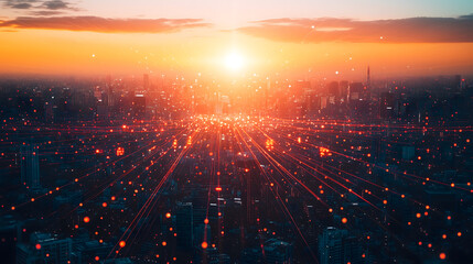Sunset over technologically advanced city, with network of digital connections and nodes. Smart city