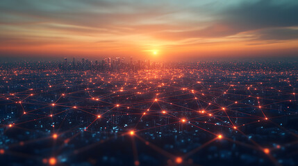 Sunset over technologically advanced city, with network of digital connections and nodes. Smart city
