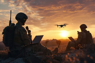 Two military personnel taking a break on a hillside, using a laptop