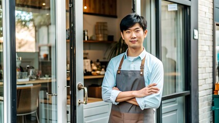 Young Asian Male Cafe Owner Standing In Front Of His Shop.