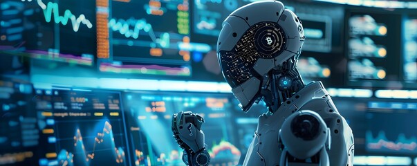 Robotic Trader Analyzing Cryptocurrency Charts