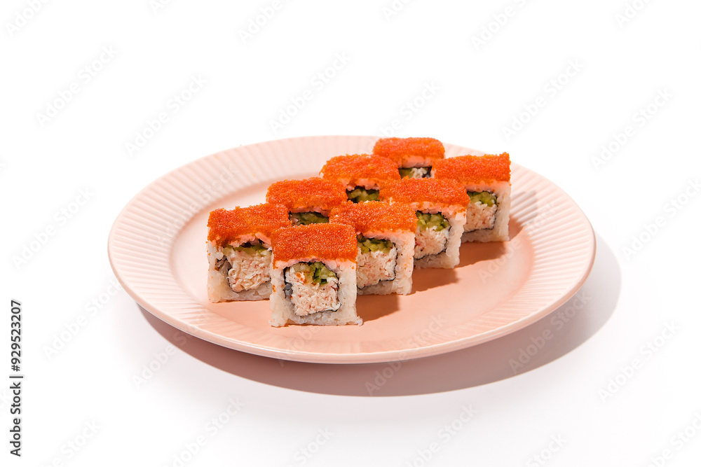 Canvas Prints california roll with crab and tobiko on pink plate - fresh sushi photography