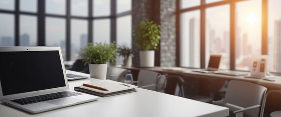 Laptop, Notebook, and Pencil on a Desk in a Modern Office with City Views