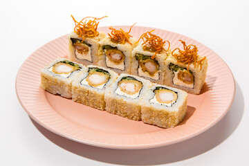 Tempura Shrimp Sushi Roll with Cream Cheese and Sesame Coated, Topped with Crispy Potatoes