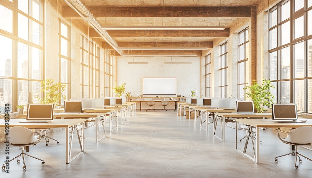 Aufkleber empty open-plan office with rows of desks and soft daylight, vivid style