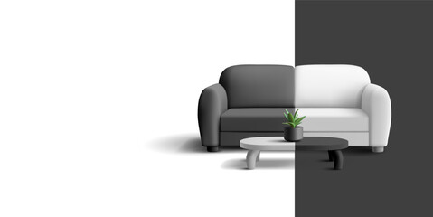 Black and white sofa, coffee table, 3D Stylish minimalist design of home and office furniture for advertising. Modern banner for advertising furniture. Vector