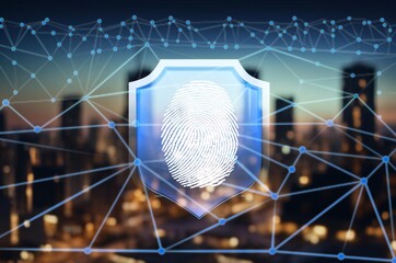 A hologram of human fingerprint over city skyline
