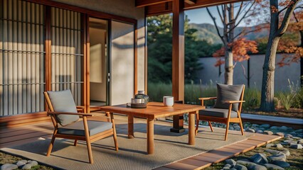 Obraz premium Tranquil Japanese Patio with Wooden Furniture and Stone Garden.