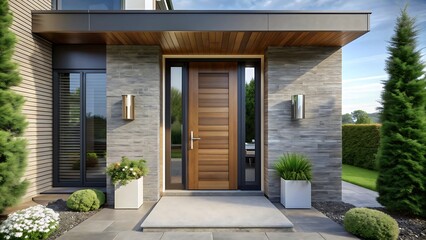 Modern Home Entrance with Stone Wall and Wooden Door.