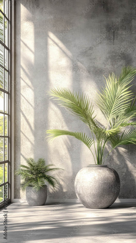 Poster a large window with a view of the outside. a large vase with a palm tree in it sits in front of the 